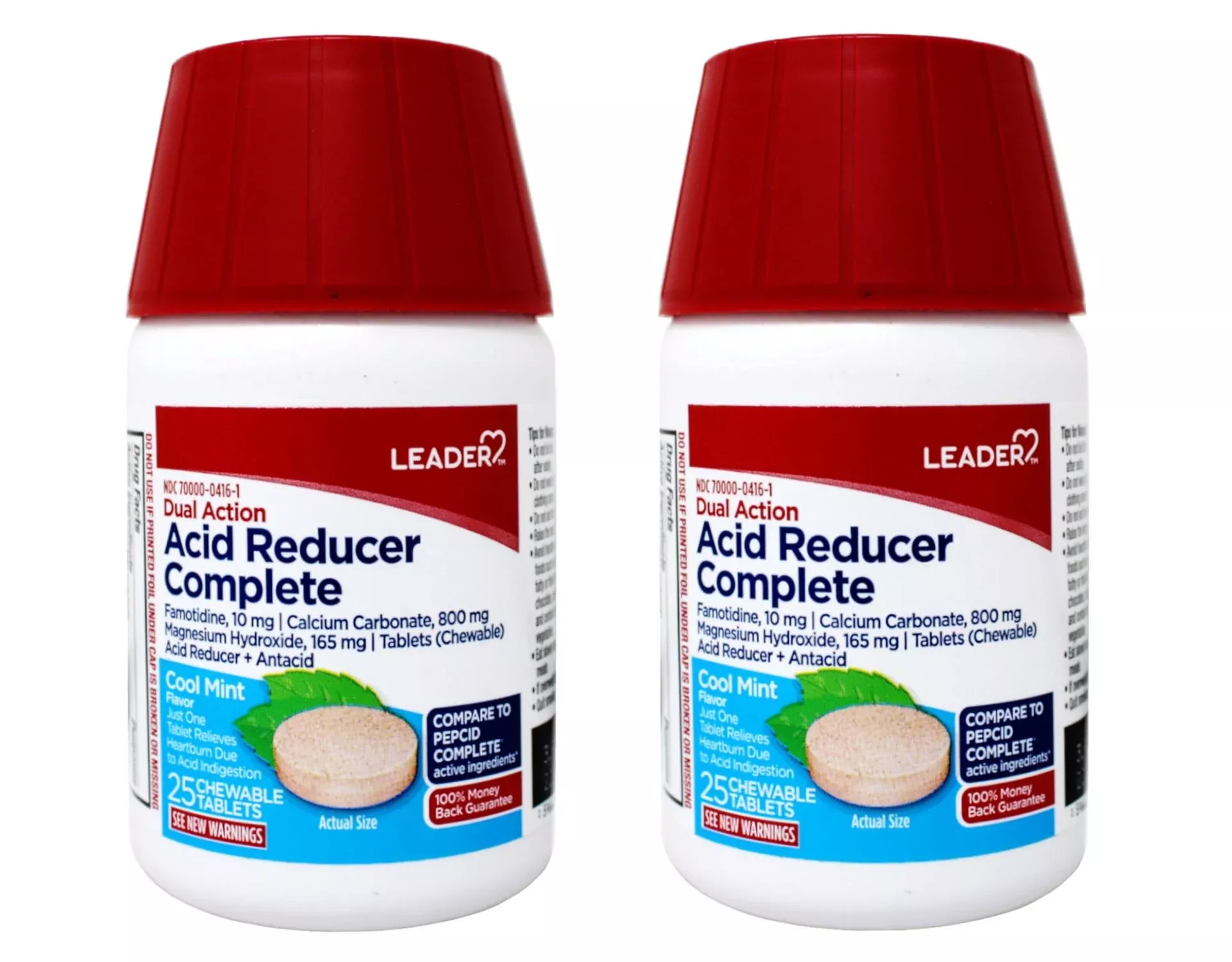 Leader Dual Action Acid Reducer + Antacid Chewable Tablets Mint, 25 Count - 2 Pack