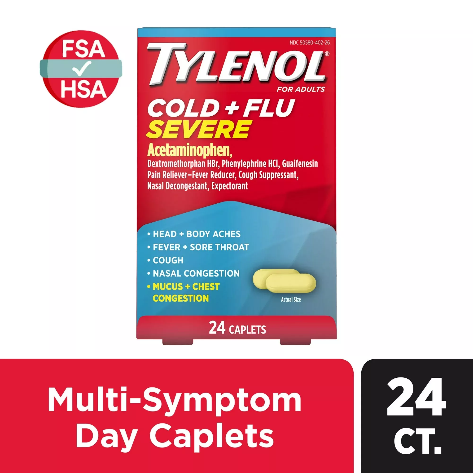 Tylenol Cold + Flu Severe Caplets for Multi-Symptom & Pain Relief, 24 Ct.